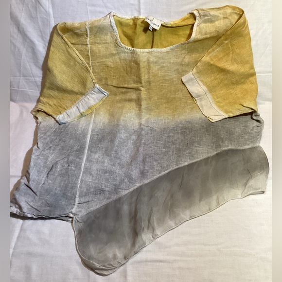 Belle France Linen Oversized Blouse Short Sleeve Pull Over Shirt Grey/Yellow L - Picture 2 of 13